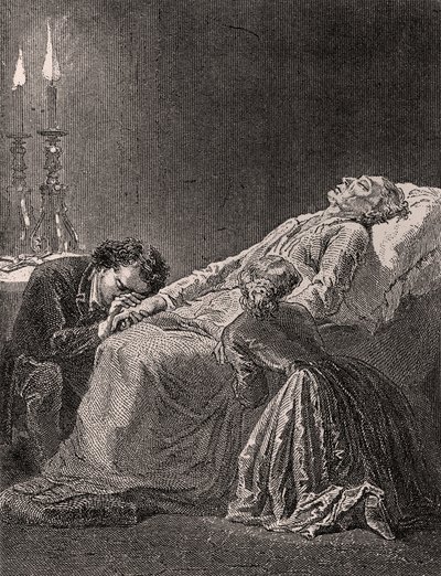 Tod von Jean Valjean zwischen Cosette und Marius - Illustration aus Les Misérables, 19. Jahrhundert von Alphonse Marie de Neuville
